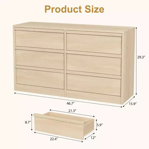 Commode 6 tiroirs en chêne naturel de 119 cm de large, grand buffet en bois avec grande capacité de rangement, pour salon, entrée
