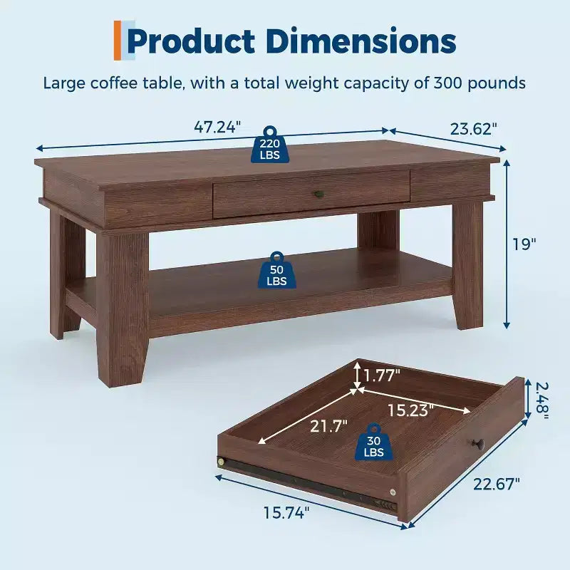 Table basse rectangulaire rustique - Table basse de salon avec tiroir et étagère ouverte, structure stable à 4 pieds, conception de rangement robuste