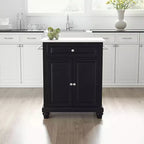 Chariot de cuisine compact avec plateau en granit Cambridge noir/blanc - Crosley : Cadre en bois d'hévéa, porte-serviettes, étagères de rangement