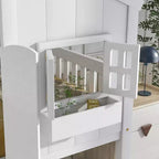 Lit superposé Whisen Twin sur Twin avec toit, fenêtre, jardinière, porte, barrières de sécurité et échelle