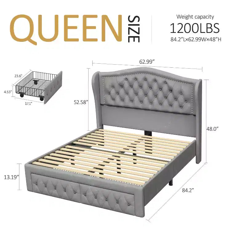 Cadre de lit plateforme Dyonery Queen Size, lit rembourré en velours avec tête de lit capitonnée à boutons profonds et ailes cloutées / Aucun sommier tapissier requis