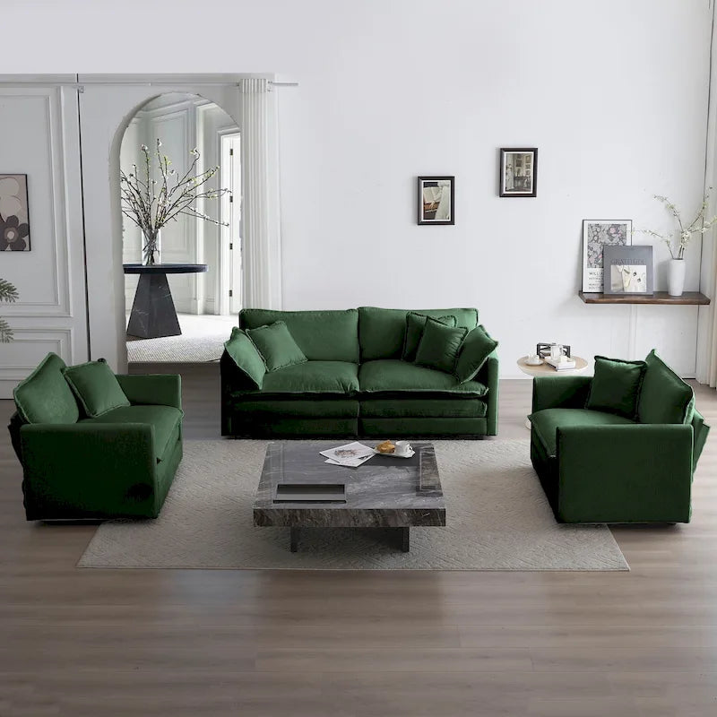 Ensemble de canapé 3 pièces en chenille avec coussins d'accoudoir et coussins décoratifs, incluant 2 fauteuils et un canapé 2 places