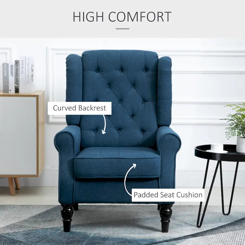 Fauteuil d'appoint capitonné avec haut dossier à oreilles, accoudoirs arrondis et rembourrés et siège épais rembourré, Bleu