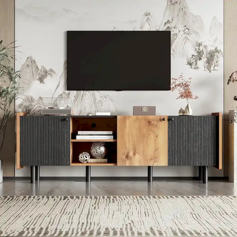 Meuble TV Mid-Century avec 3 armoires, console multimédia pour téléviseurs jusqu'à 70 pouces, centre de divertissement avec rangement