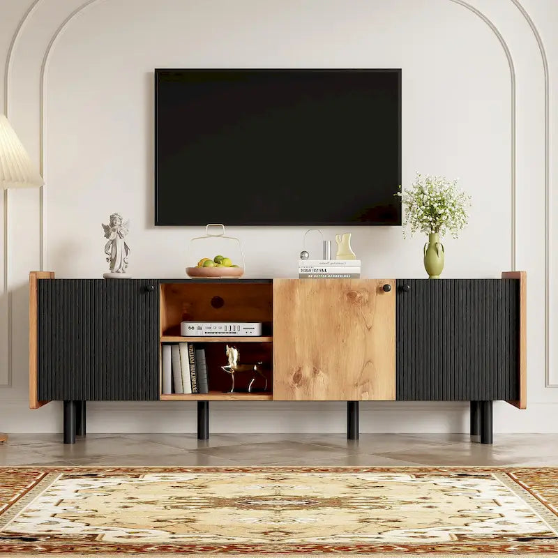 Meuble TV Mid-Century avec 3 armoires, console multimédia pour téléviseurs jusqu'à 70 pouces, centre de divertissement avec rangement