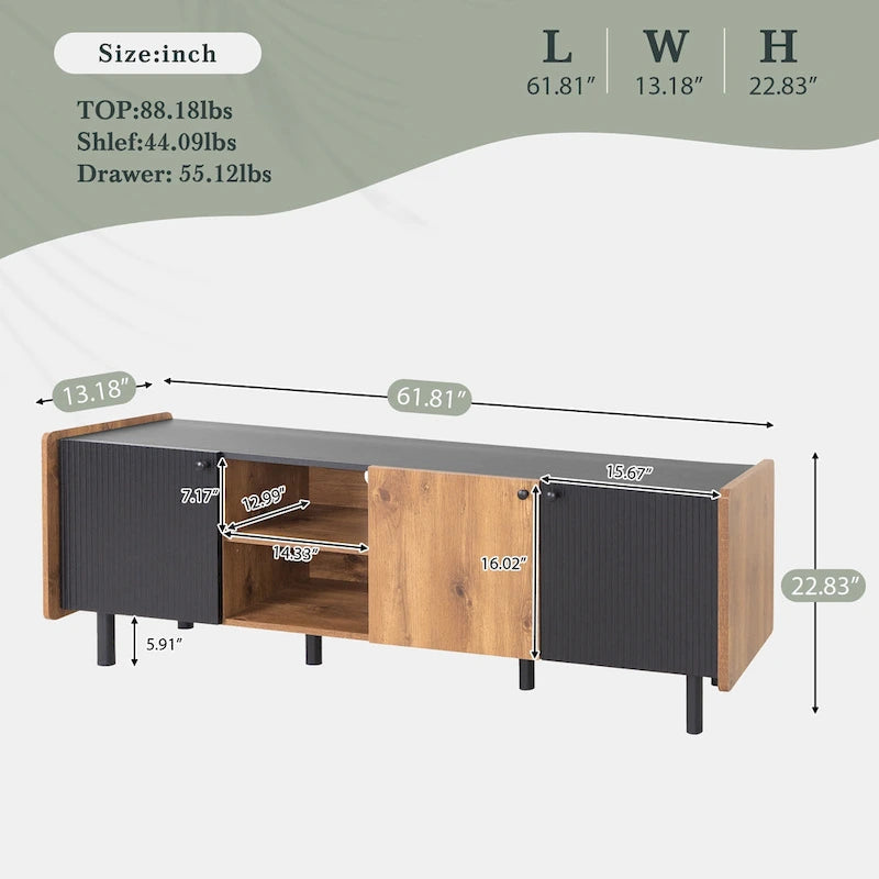 Meuble TV Mid-Century avec 3 armoires, console multimédia pour téléviseurs jusqu'à 70 pouces, centre de divertissement avec rangement