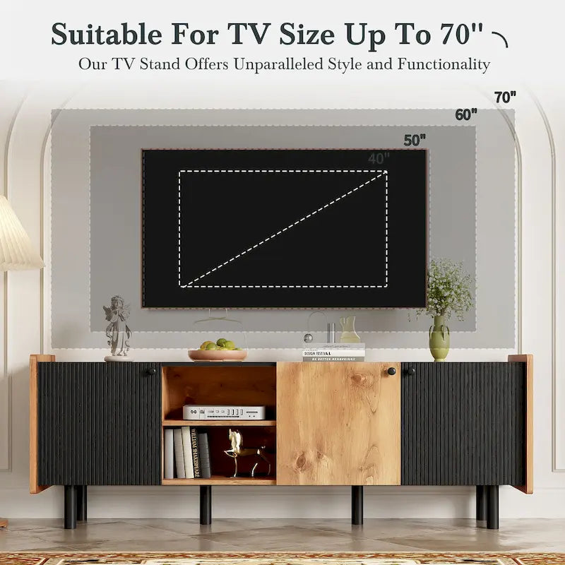 Meuble TV Mid-Century avec 3 armoires, console multimédia pour téléviseurs jusqu'à 70 pouces, centre de divertissement avec rangement
