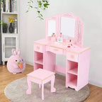 Coiffeuse Acekool pour enfants avec tabouret, miroir triptyque, tiroirs de rangement et étagères ouvertes, coiffeuse rose pour filles de 3 ans et plus