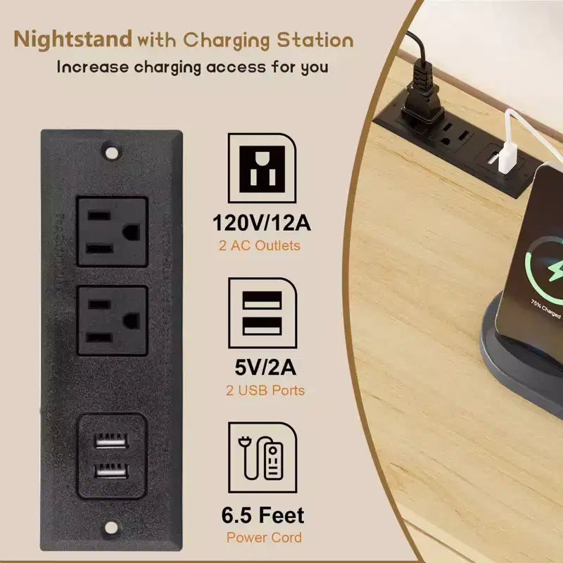 52.1 Commode en rotin avec station de charge, commode en bois à 6 tiroirs pour chambre à coucher avec tiroirs de capacités variées