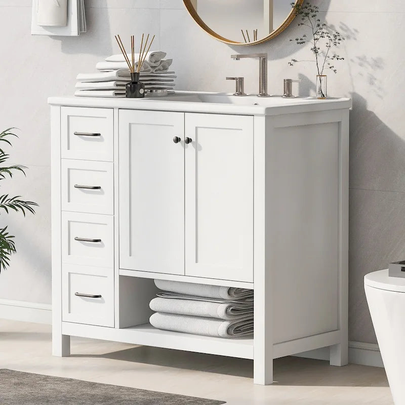 Meuble-lavabo moderne de 36 pouces avec évier, 2 armoires, 2 poignées métalliques et rails de tiroir coulissants, convient pour salle de bain ou dressing