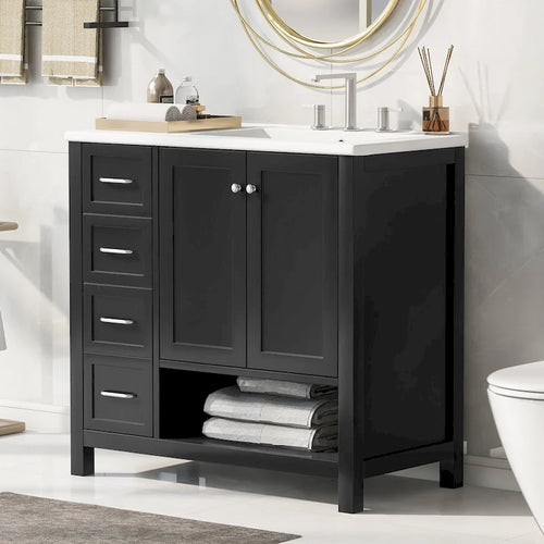Meuble-lavabo moderne de 36 pouces avec évier, 2 armoires, 2 poignées métalliques et rails de tiroir coulissants, convient pour salle de bain ou dressing