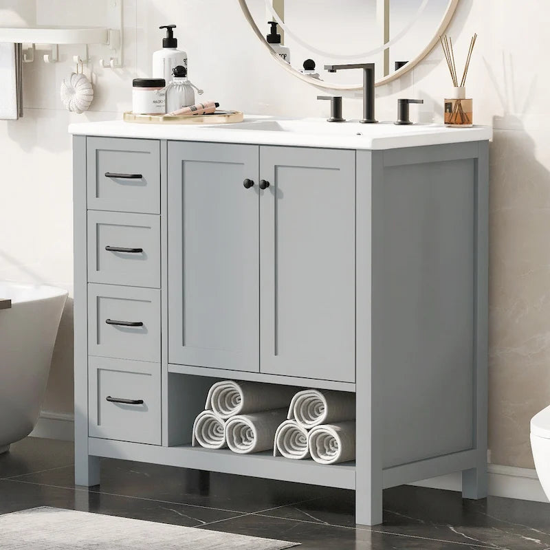 Meuble-lavabo moderne de 36 pouces avec évier, 2 armoires, 2 poignées métalliques et rails de tiroir coulissants, convient pour salle de bain ou dressing