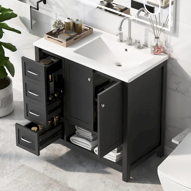 Meuble-lavabo moderne de 36 pouces avec évier, 2 armoires, 2 poignées métalliques et rails de tiroir coulissants, convient pour salle de bain ou dressing