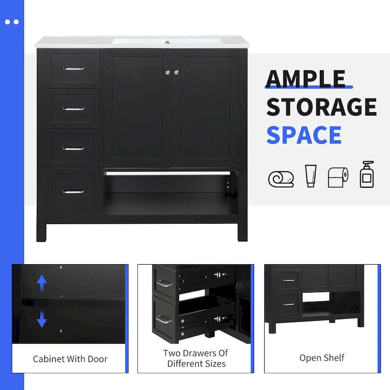 Meuble-lavabo moderne de 36 pouces avec évier, 2 armoires, 2 poignées métalliques et rails de tiroir coulissants, convient pour salle de bain ou dressing