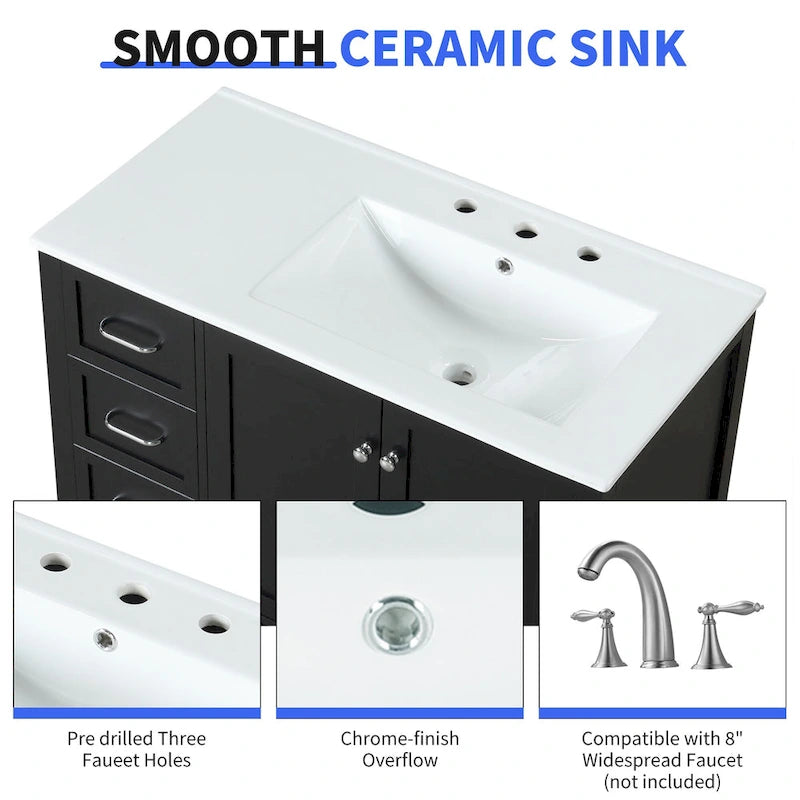 Meuble-lavabo moderne de 36 pouces avec évier, 2 armoires, 2 poignées métalliques et rails de tiroir coulissants, convient pour salle de bain ou dressing
