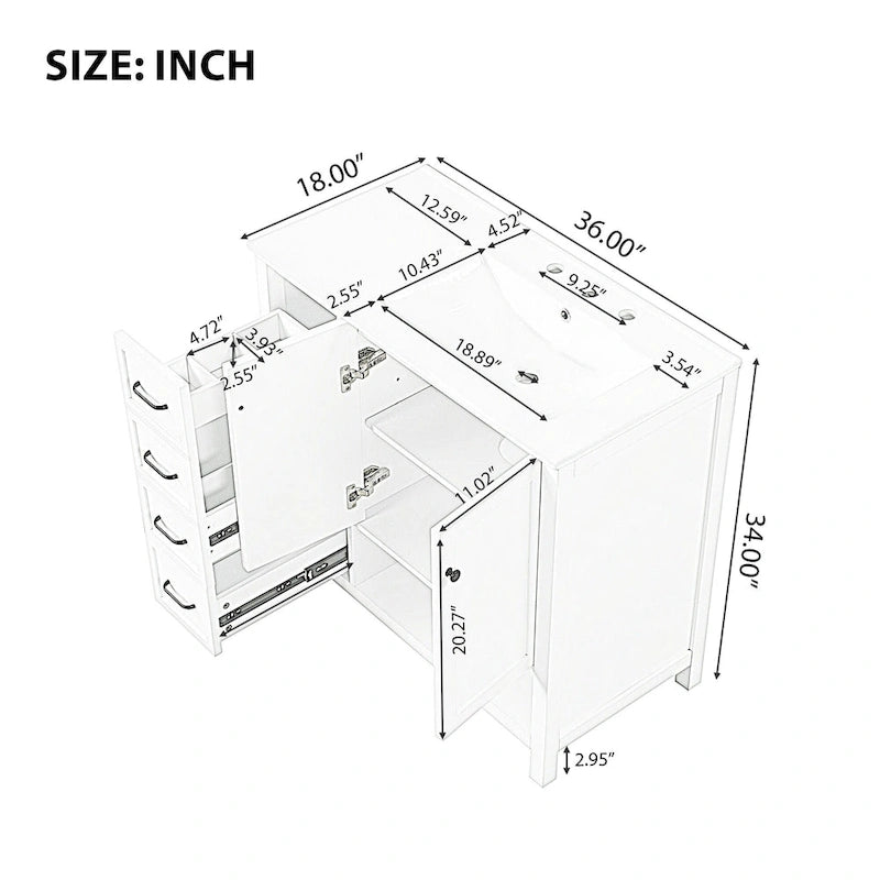 Meuble-lavabo moderne de 36 pouces avec évier, 2 armoires, 2 poignées métalliques et rails de tiroir coulissants, convient pour salle de bain ou dressing