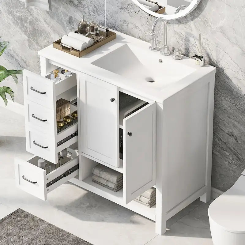Meuble-lavabo moderne de 36 pouces avec évier, 2 armoires, 2 poignées métalliques et rails de tiroir coulissants, convient pour salle de bain ou dressing