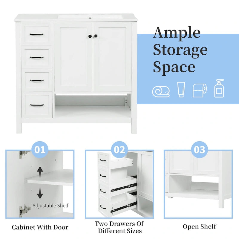 Meuble-lavabo moderne de 36 pouces avec évier, 2 armoires, 2 poignées métalliques et rails de tiroir coulissants, convient pour salle de bain ou dressing