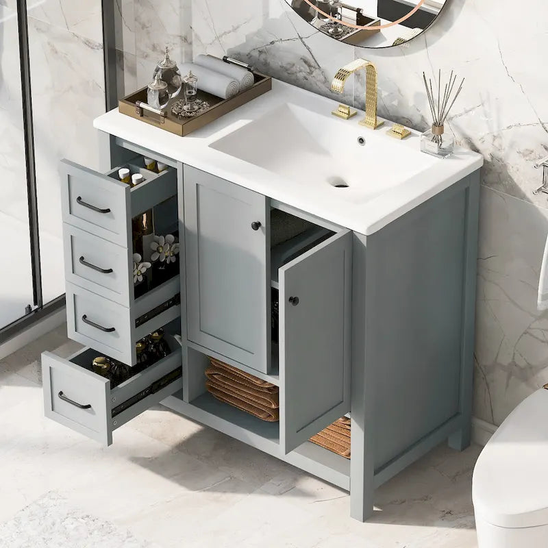 Meuble-lavabo moderne de 36 pouces avec évier, 2 armoires, 2 poignées métalliques et rails de tiroir coulissants, convient pour salle de bain ou dressing