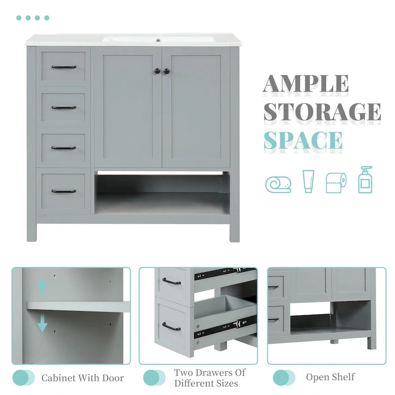 Meuble-lavabo moderne de 36 pouces avec évier, 2 armoires, 2 poignées métalliques et rails de tiroir coulissants, convient pour salle de bain ou dressing