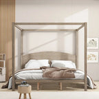 Lit plateforme à baldaquin King Size en pin avec tête de lit classique en bois, cadre de lit rembourré, aucun sommier tapissier requis, montage facile