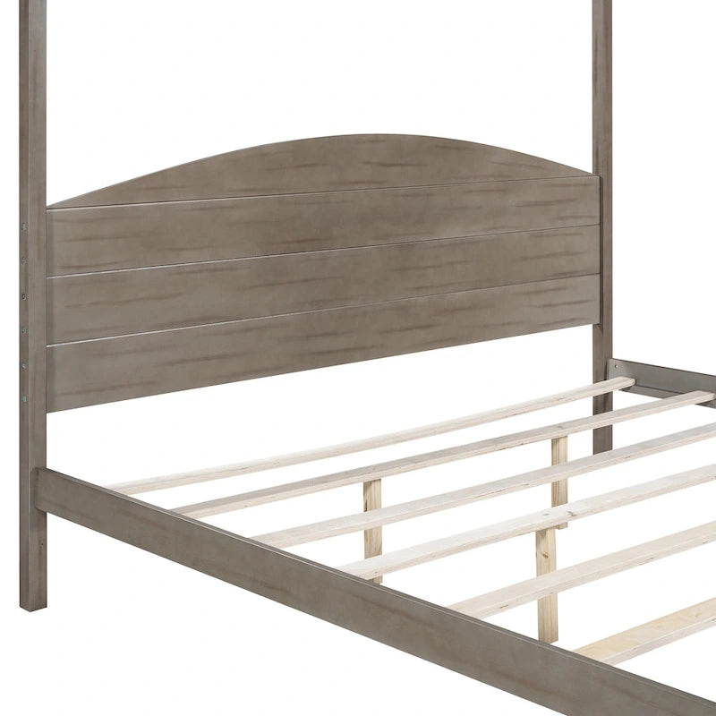 Lit plateforme à baldaquin King Size en pin avec tête de lit classique en bois, cadre de lit rembourré, aucun sommier tapissier requis, montage facile