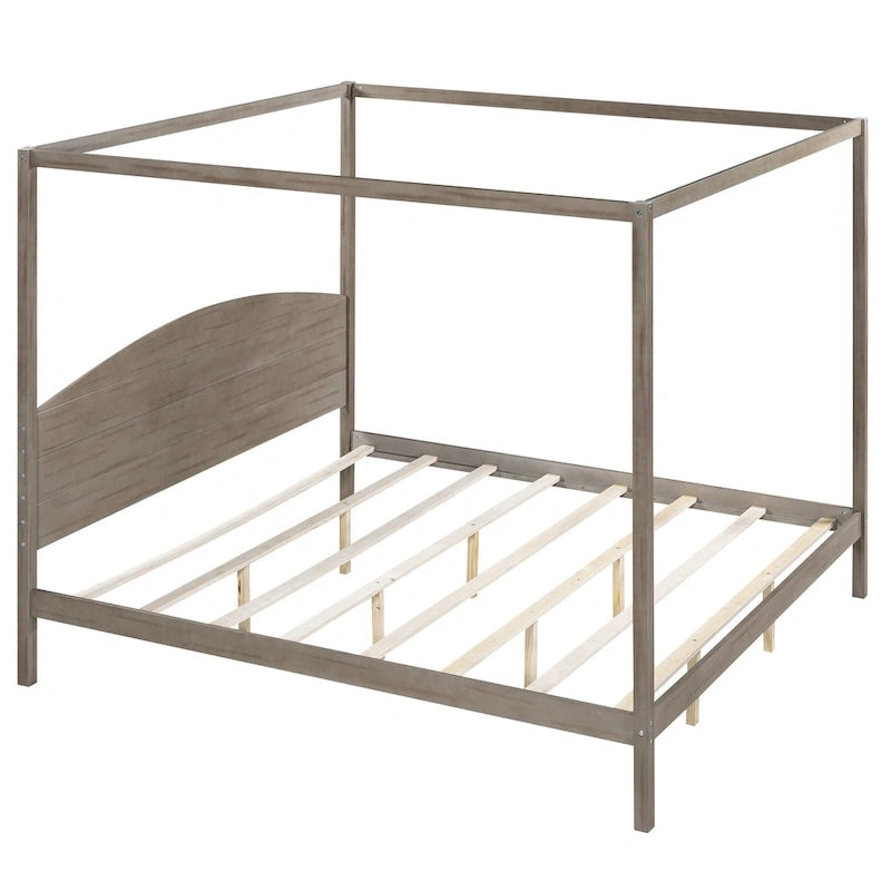 Lit plateforme à baldaquin King Size en pin avec tête de lit classique en bois, cadre de lit rembourré, aucun sommier tapissier requis, montage facile