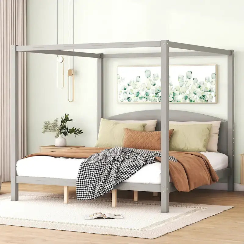 Lit plateforme à baldaquin King Size en pin avec tête de lit classique en bois, cadre de lit rembourré, aucun sommier tapissier requis, montage facile