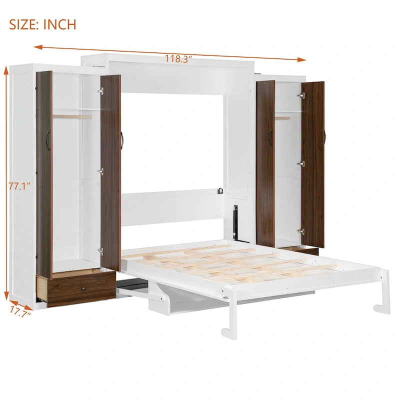 Murphy Bed Wall Bed with Wardrobe, Drawers, LED Light and Desk