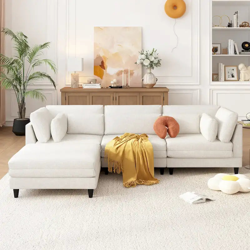 Canapé d'angle modulable contemporain avec pouf mobile et 5 coussins