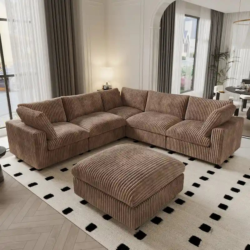 Canapé modulaire sectionnel, canapé convertible en V pour salon, canapé modulaire confortable 5 places avec méridienne et ottoman.