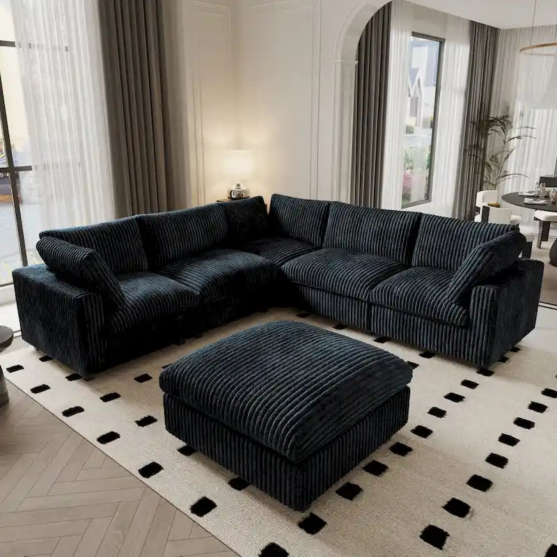 Canapé modulaire sectionnel, canapé convertible en V pour salon, canapé modulaire confortable 5 places avec méridienne et ottoman.