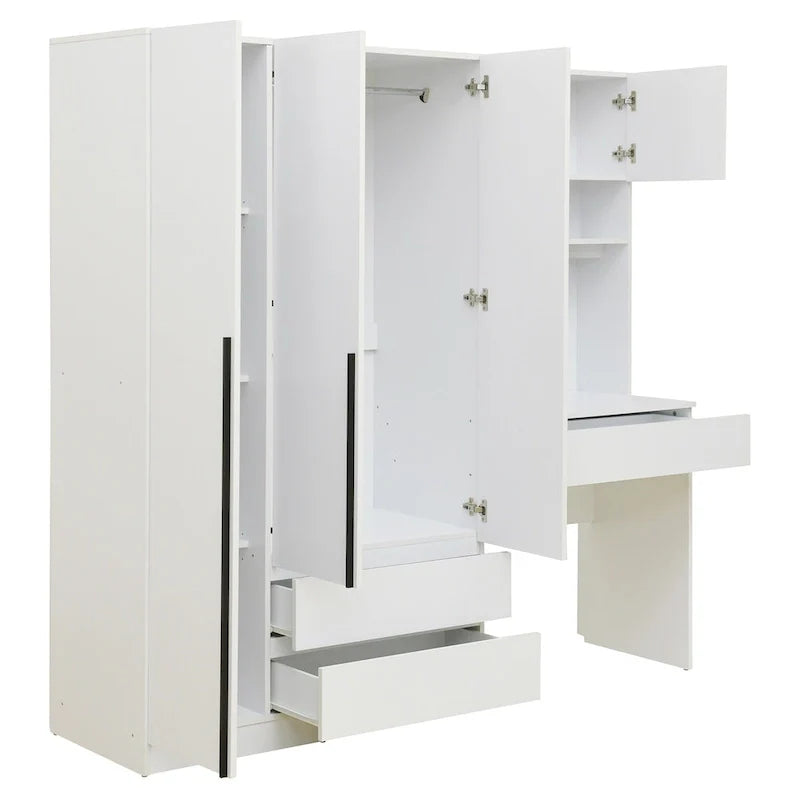 Armoire-penderie 3-en-1 avec coiffeuse, ensemble de bureau, armoire de chambre avec 2 tiroirs, armoire-penderie à 3 portes avec espace de rangement