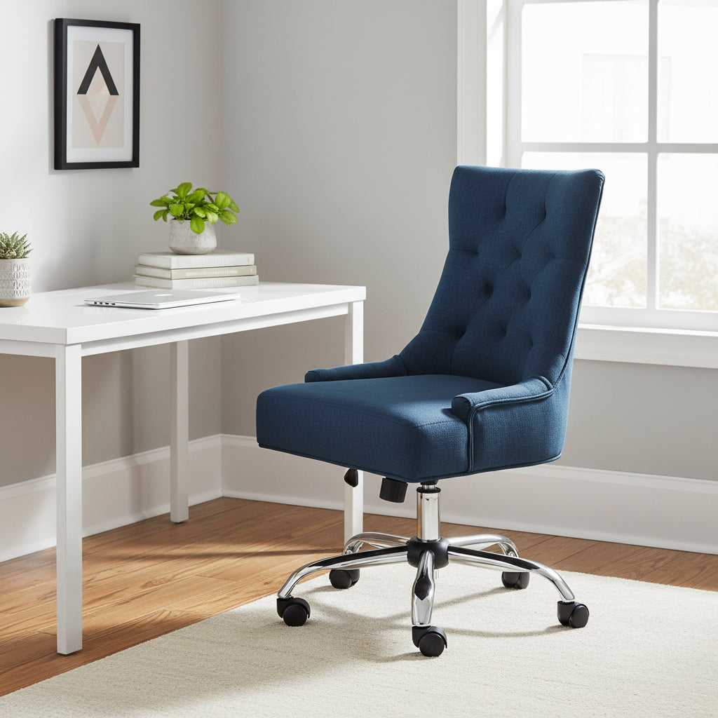 Ovi Swivel Office Chair, Navy Blue Fabric, Tufted Back, Rolling Wheels
