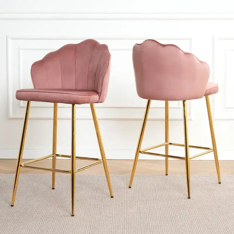 Lot de 2 tabourets de bar en velours en forme de coquille, chaises de hauteur comptoir avec pieds en métal, chaises de cuisine rembourrées avec repose-pieds
