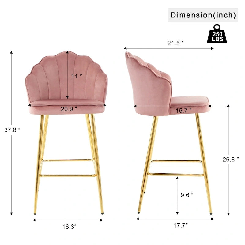 Lot de 2 tabourets de bar en velours en forme de coquille, chaises de hauteur comptoir avec pieds en métal, chaises de cuisine rembourrées avec repose-pieds