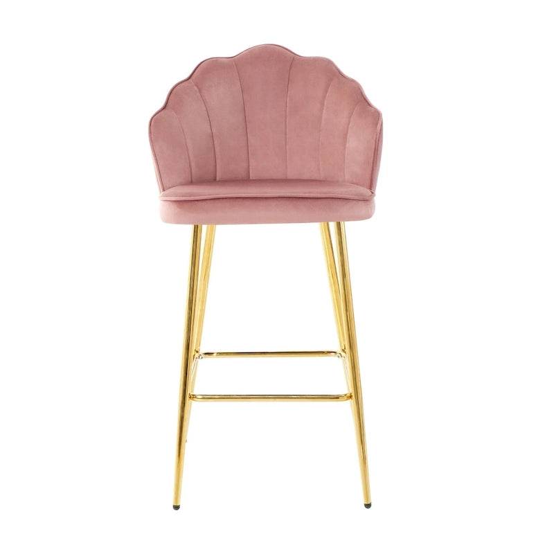 Lot de 2 tabourets de bar en velours en forme de coquille, chaises de hauteur comptoir avec pieds en métal, chaises de cuisine rembourrées avec repose-pieds
