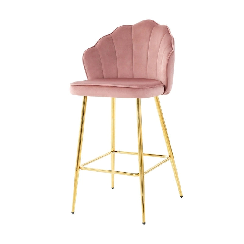Lot de 2 tabourets de bar en velours en forme de coquille, chaises de hauteur comptoir avec pieds en métal, chaises de cuisine rembourrées avec repose-pieds
