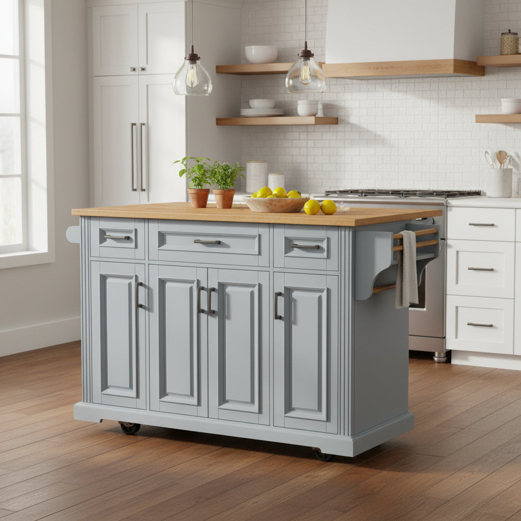 54inch Kitchen Island with Rubber Wood Drop Leaf, Embossed Texture Rolling Kitchen Cart on 4 Wheels with 4 Doors and 3 Drawers