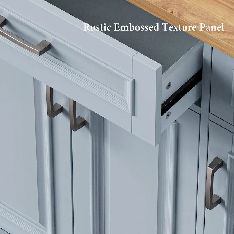 Îlot de cuisine de 54 pouces avec abattant en bois d'hévéa, chariot de cuisine roulant à texture gaufrée sur 4 roulettes avec 4 portes et 3 tiroirs