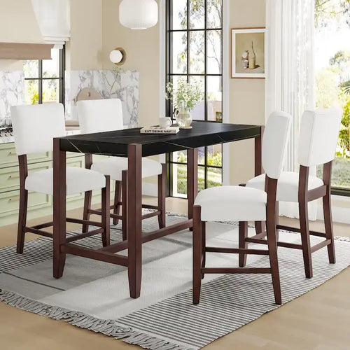 Ensemble de salle à manger 5 pièces à hauteur de comptoir, table de bar en faux marbre et 4 chaises rembourrées