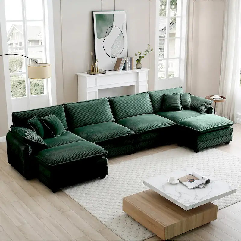 Canapé modulaire sectionnel en velours côtelé 6 pièces, de taille généreuse, en forme de U, avec poufs
