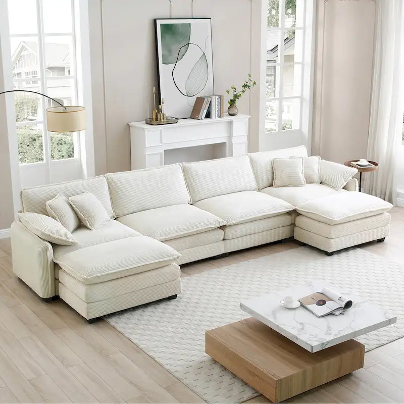 Canapé modulaire sectionnel en velours côtelé 6 pièces, de taille généreuse, en forme de U, avec poufs