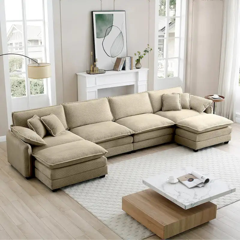 Canapé modulaire sectionnel en velours côtelé 6 pièces, de taille généreuse, en forme de U, avec poufs