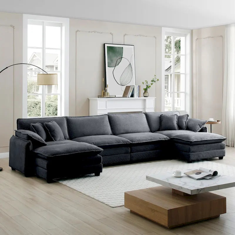 Canapé modulaire sectionnel en velours côtelé 6 pièces, de taille généreuse, en forme de U, avec poufs