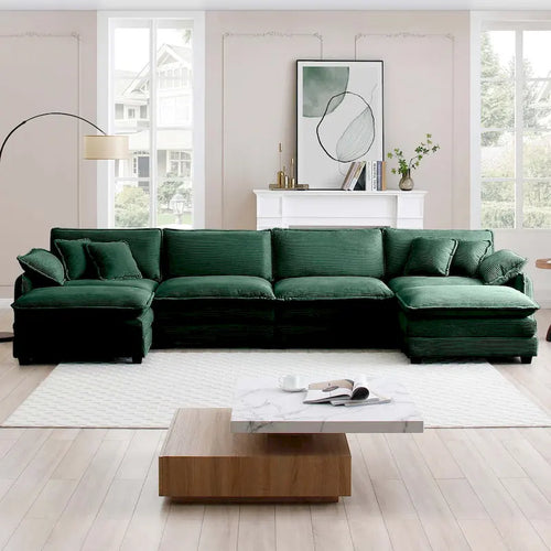Canapé modulaire sectionnel en velours côtelé 6 pièces, de taille généreuse, en forme de U, avec poufs