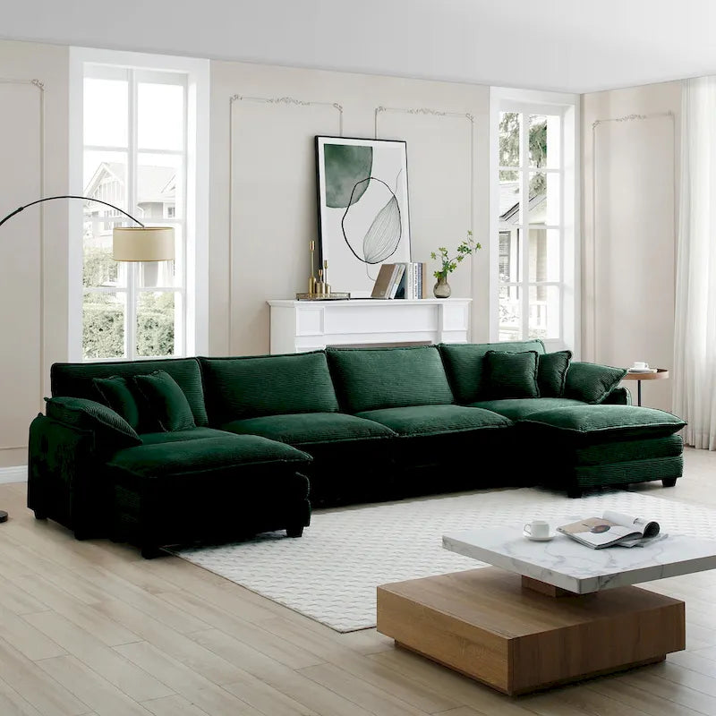 Canapé modulaire sectionnel en velours côtelé 6 pièces, de taille généreuse, en forme de U, avec poufs