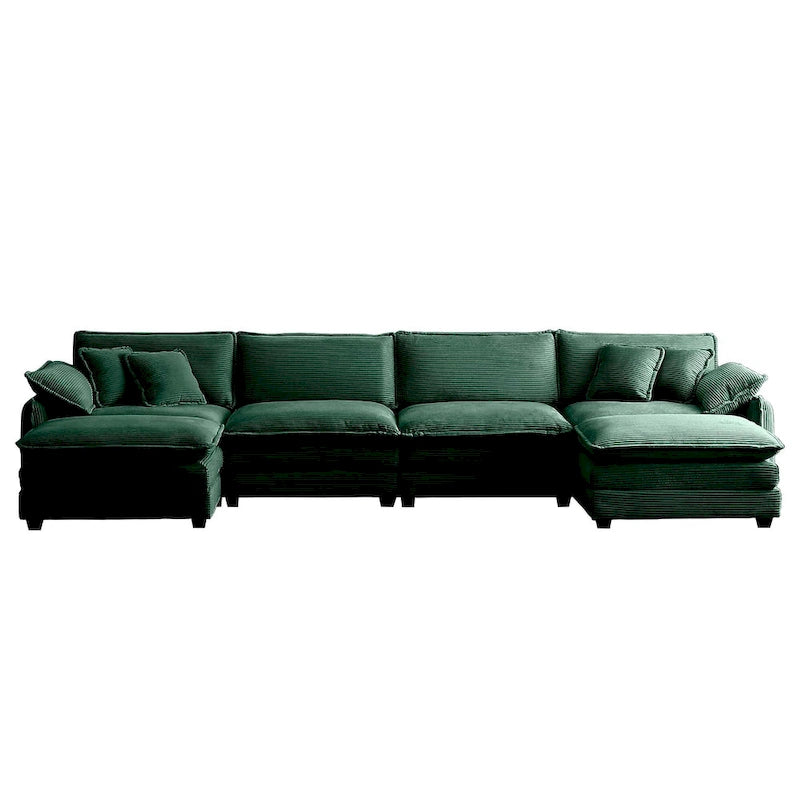 Canapé modulaire sectionnel en velours côtelé 6 pièces, de taille généreuse, en forme de U, avec poufs
