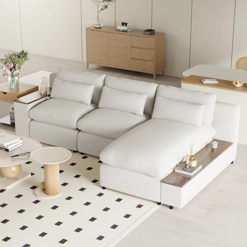 Canapé d'angle 3 places beige 109,8 L avec compartiments de rangement