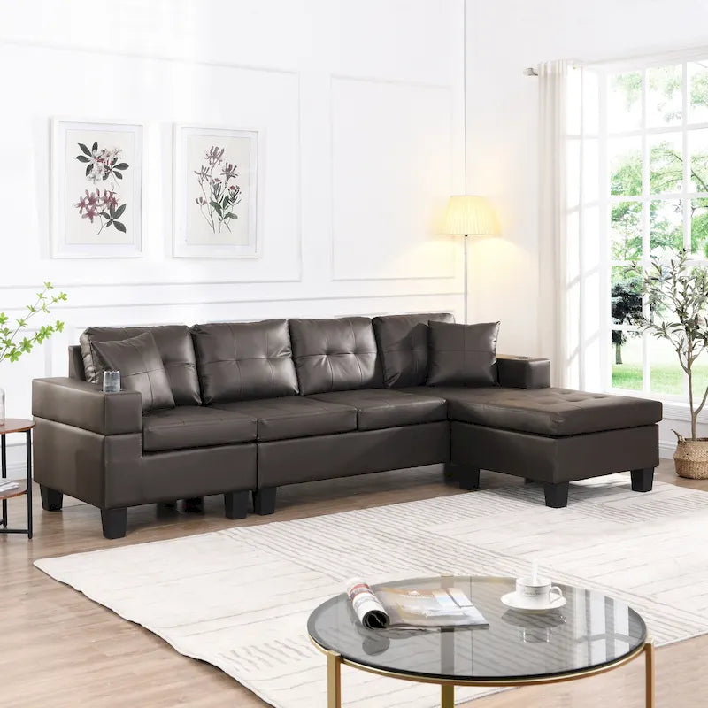 Canapé d'angle moderne en L à 4 places marron 96.06 avec méridienne, porte-gobelets et coussins décoratifs